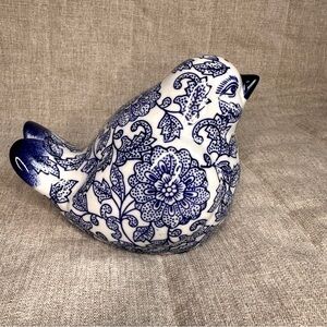 Chinoiserie Sitting Bird Cobalt Blue & White Floral Porcelain Figurine